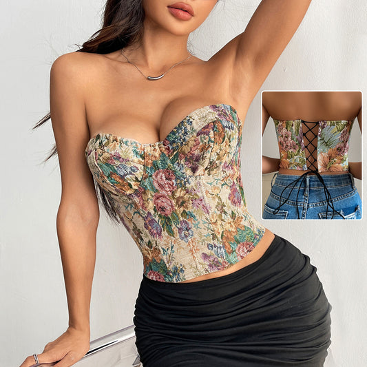 Y2K Floral Print Tube Vest Top With Back-tied Design INS Fashion Crop Corset Tank For Women Clothing