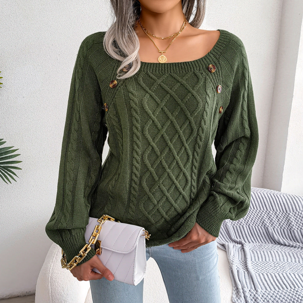 Square Neck Knitted Sweater With Button Design