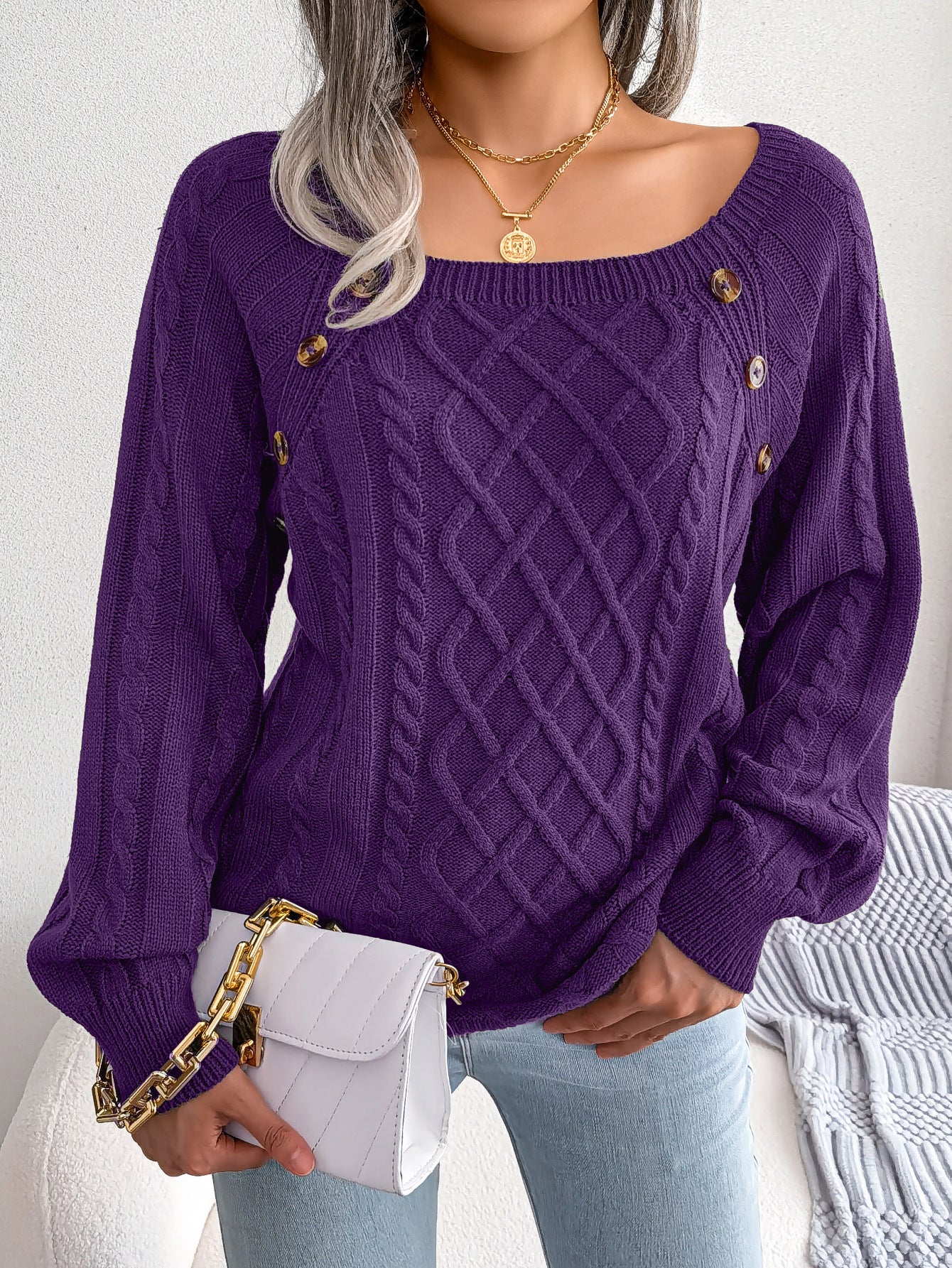 Square Neck Knitted Sweater With Button Design