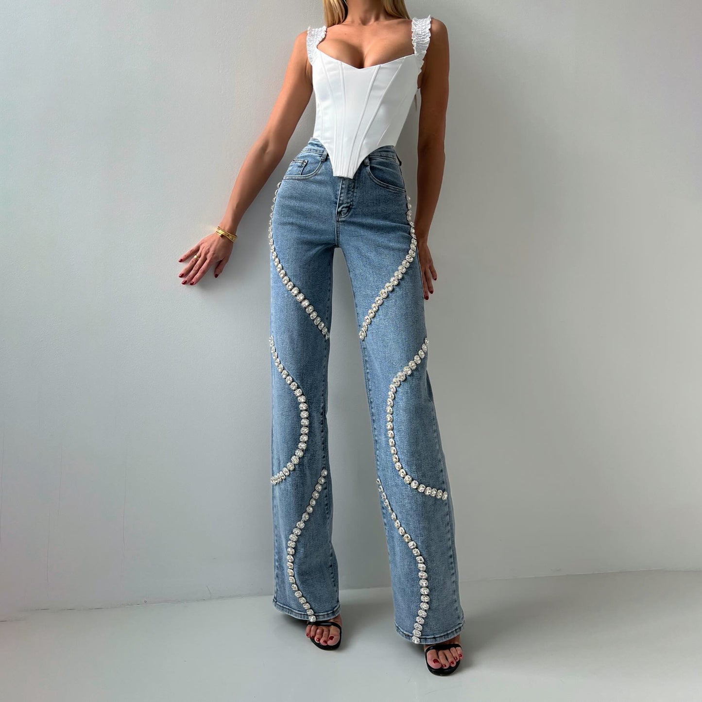 Loose Straight Leg Jeans With A Rhine Stone Denim Design