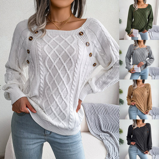 Square Neck Knitted Sweater With Button Design