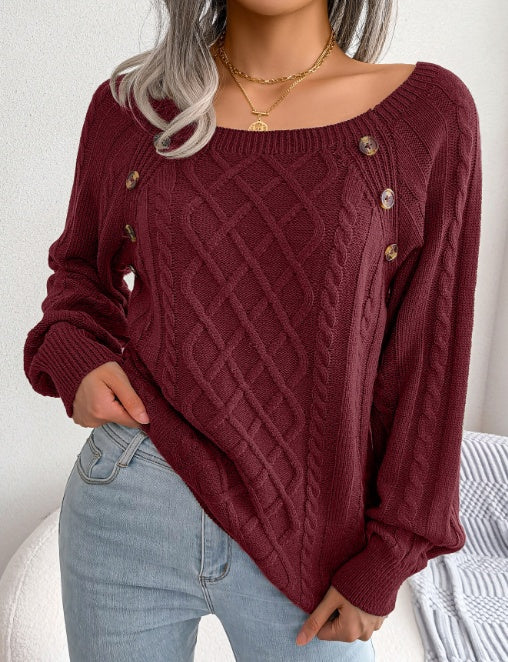 Square Neck Knitted Sweater With Button Design