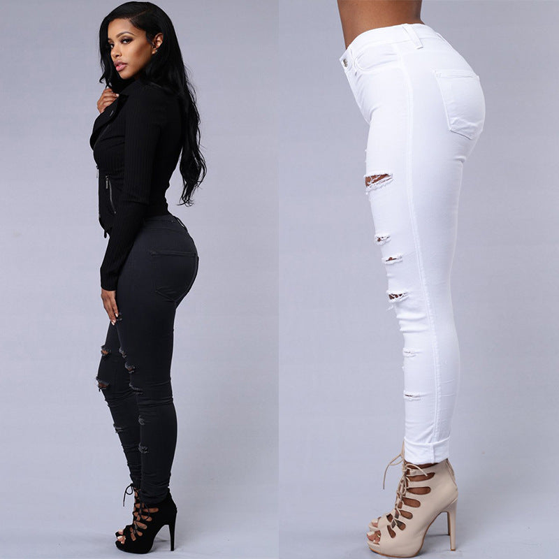 Ripped Skinny Trousers Casual High Waist Pencil Pants